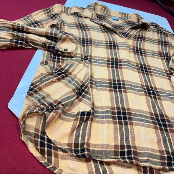 KAVU brown Tan Plaid 1/2 Button Flannel Shirt Big Front Pockets Tunic Cotton Med - Picture 11 of 13